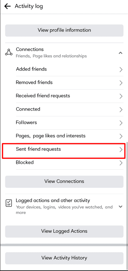 Sélectionnez Demandes d'amis envoyées sous Connexions | Comment voir les demandes d'amis que vous avez envoyées sur Facebook