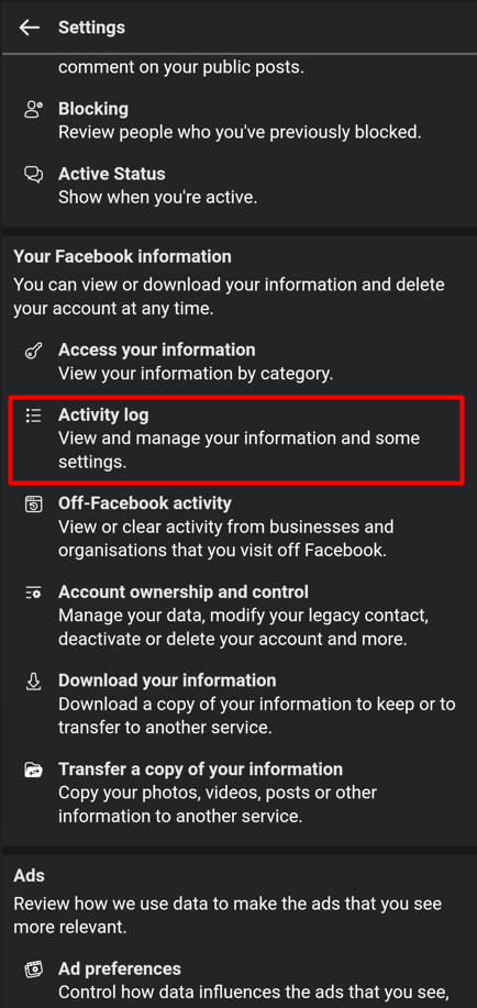 Wählen Sie im Abschnitt Ihre Facebook-Informationen die Option Aktivitätsprotokoll. | So siehst du Freundschaftsanfragen, die du auf Facebook gesendet hast