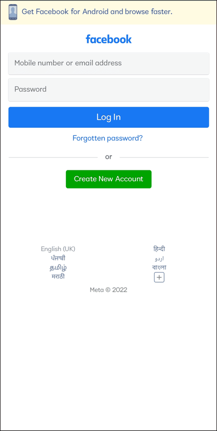 Em qualquer navegador (Chrome ou Safari) em seu telefone iPhone ou Android, faça login em sua conta do Facebook usando suas credenciais de login.