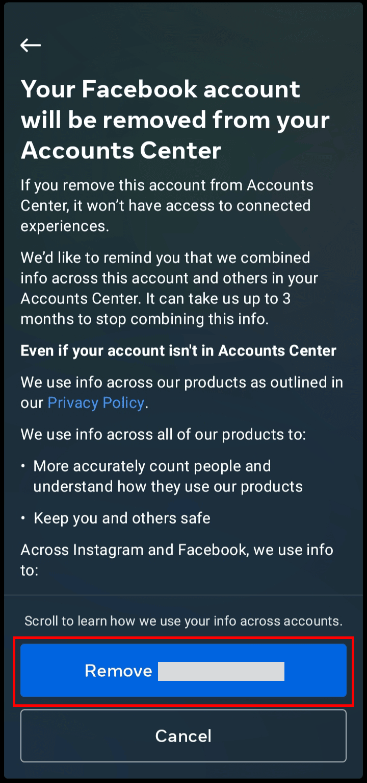 Atingeți Eliminați numele dvs. de Facebook pentru a confirma ștergerea contului dvs. de Facebook de pe Instagram. | Cum să vă deconectați contul de Facebook de la Instagram