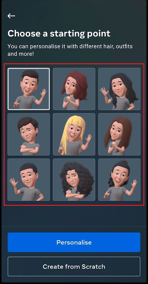 várias opções de personalização que farão com que pareça o avatar feminino