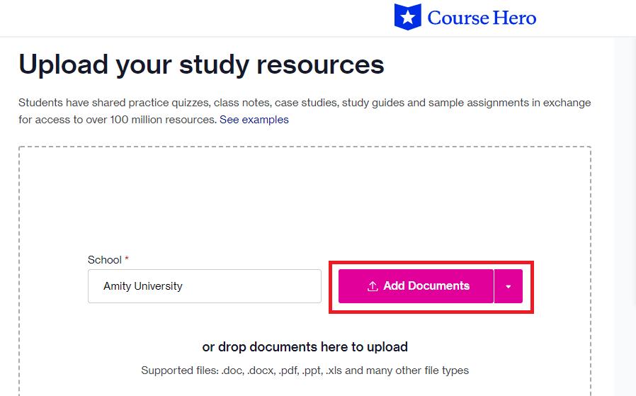 [ドキュメントの追加] ボタンをクリックして、追加するドキュメントを Course Hero Web サイトにアップロードします。