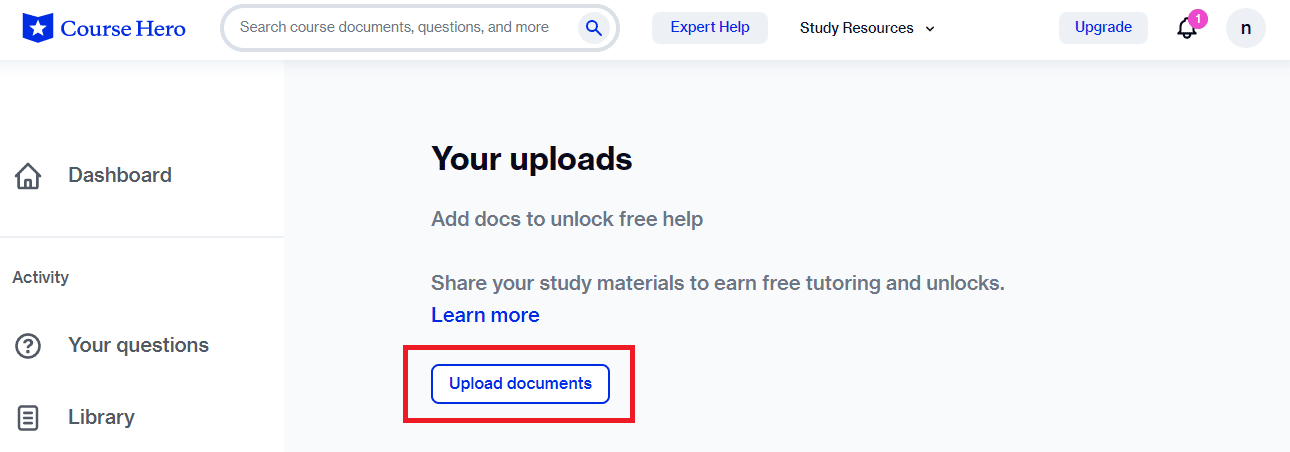 Klicken Sie auf die Schaltfläche Dokumente hochladen. | So kündigen Sie das Course Hero-Abonnement