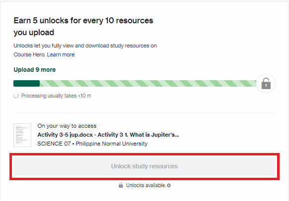 คลิกที่ปุ่มปลดล็อกทรัพยากรการศึกษาเมื่อคุณอัปโหลดเอกสาร 10 ฉบับแล้ว