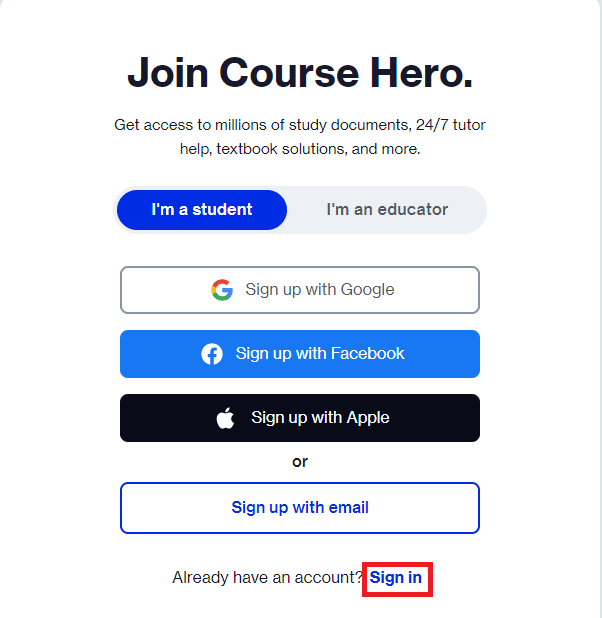 Buka halaman resmi Course Hero. Login ke akun course hero Anda.