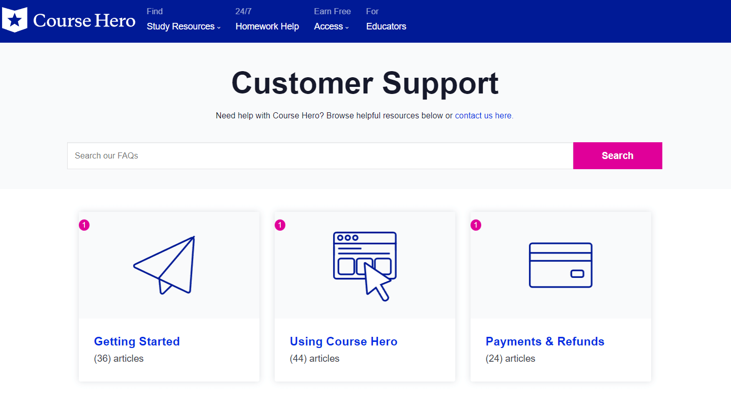 Course Hero 客戶支持頁面