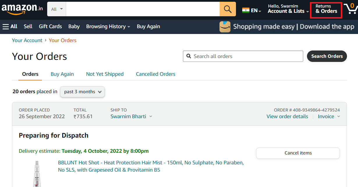 cliquez sur Retours et Commandes | Comment supprimer une carte-cadeau Amazon