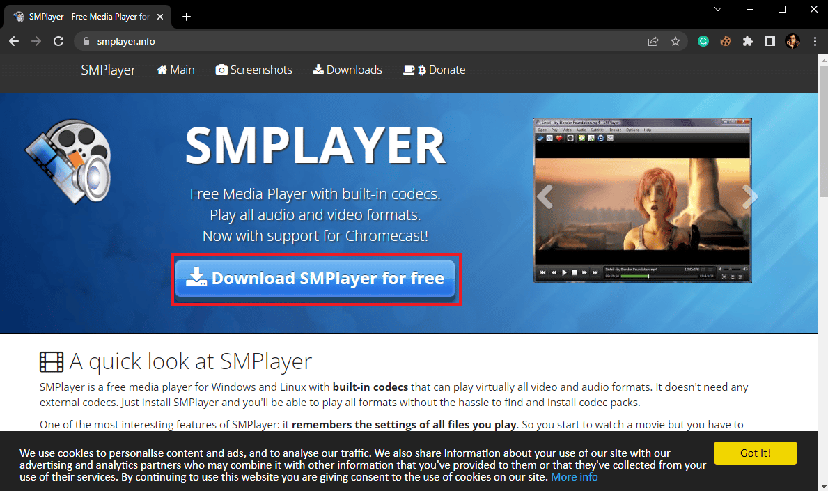 SMPlayer'ı ücretsiz indir düğmesine tıklayın