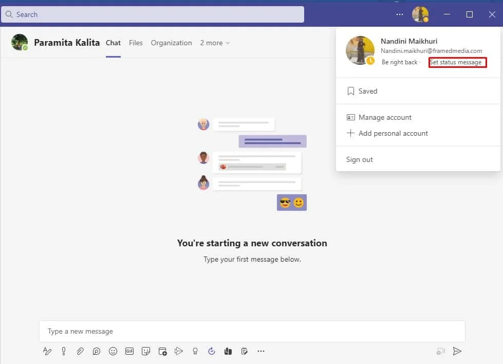 Durum mesajını ayarla'yı seçin. Microsoft Teams'in Uzakta Olduğumu Söyleyip Durmamasını Düzeltme Ama Hata Değilim