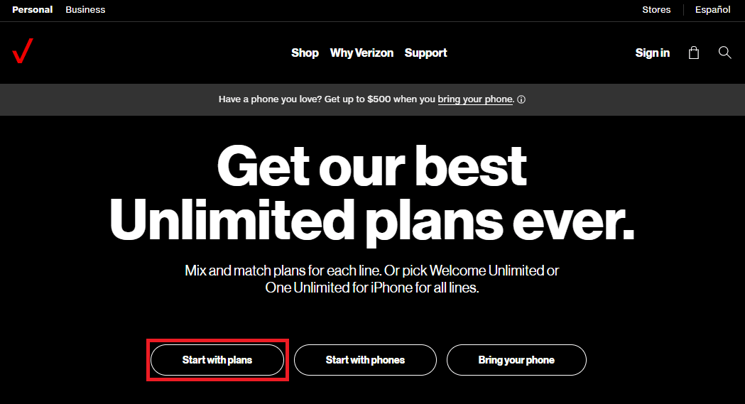 Öffnen Sie die Verizon-Website und klicken Sie auf die Option Mit Plänen beginnen