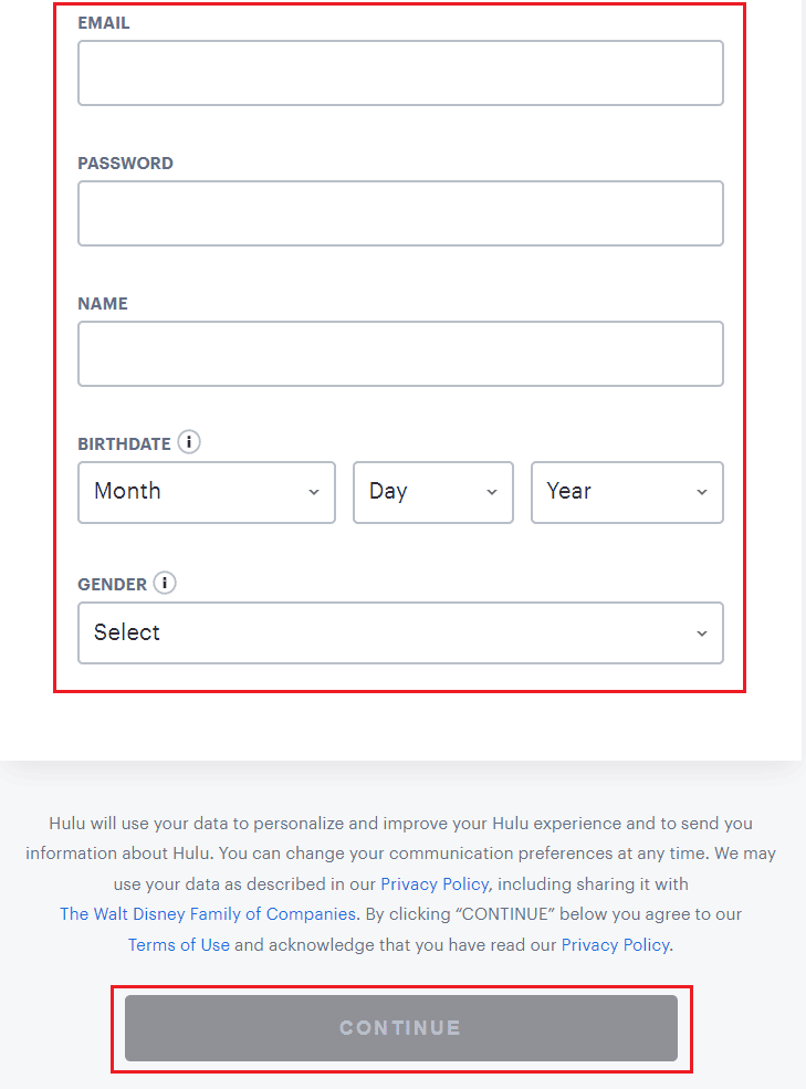 Entrez les détails pertinents dans les champs et cliquez sur CONTINUER | Comment obtenir un compte Hulu gratuit