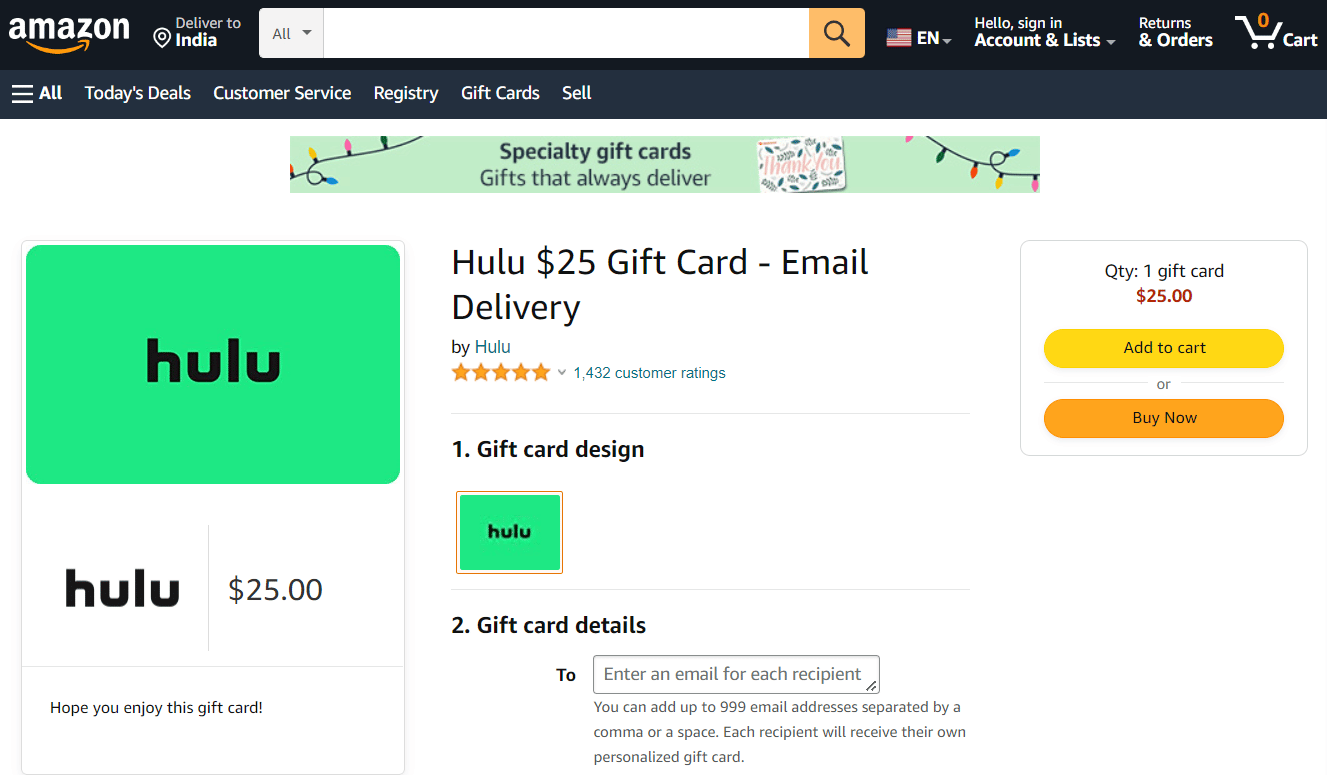 Card cadou Hulu Amazon | Cum să obțineți un cont Hulu gratuit