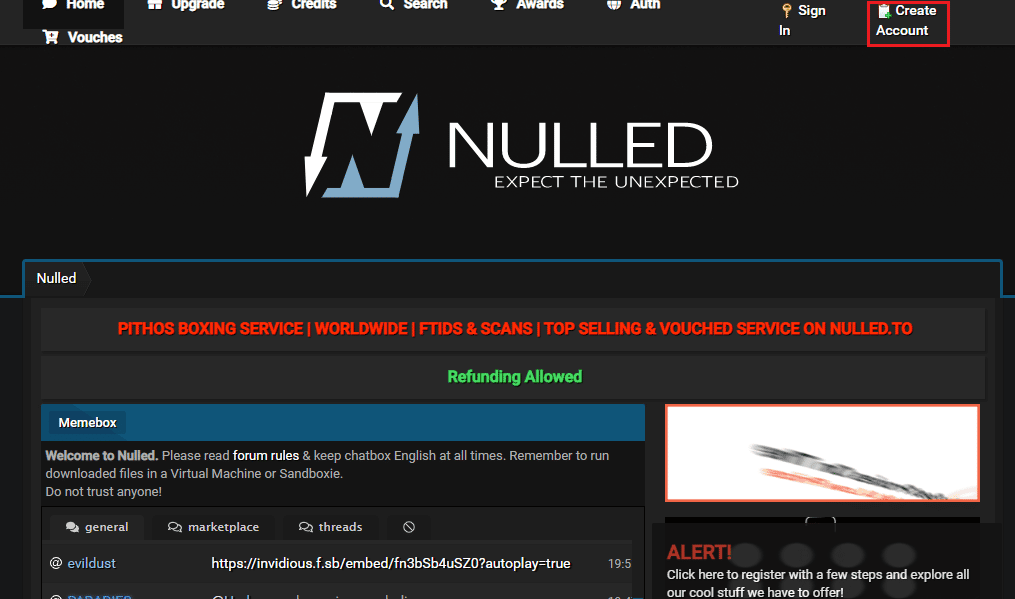 Nulled の公式 Web サイトを開き、[アカウントの作成] オプションをクリックします。