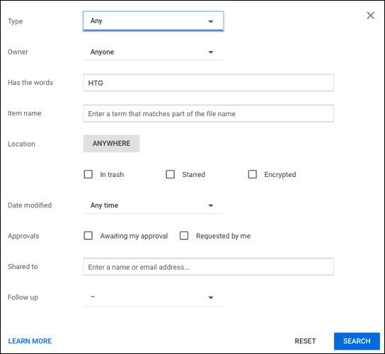 خيارات البحث في Google Drive