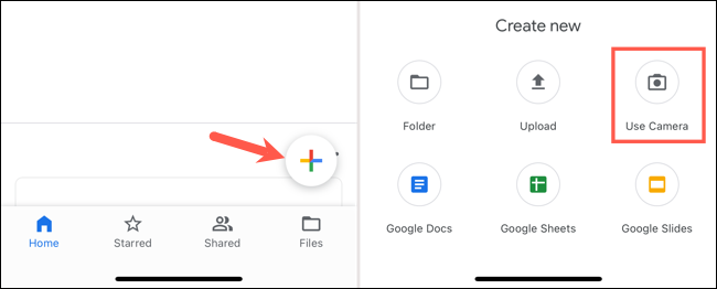 Nuovo documento e Usa fotocamera in Google Drive su iPhone