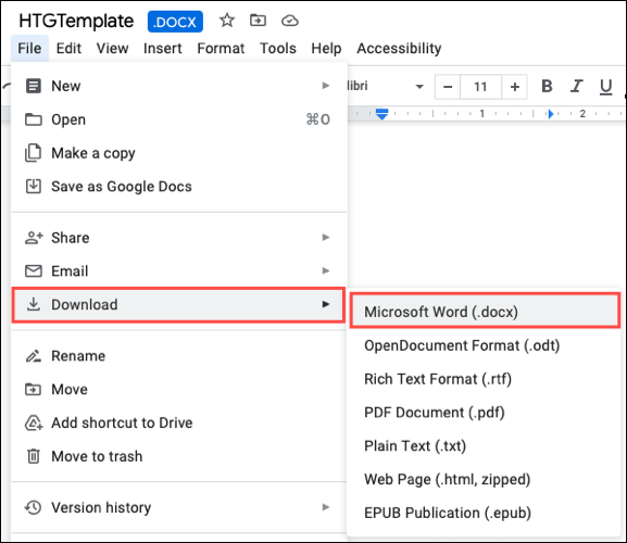 Baixe um Documento Google em formato Word