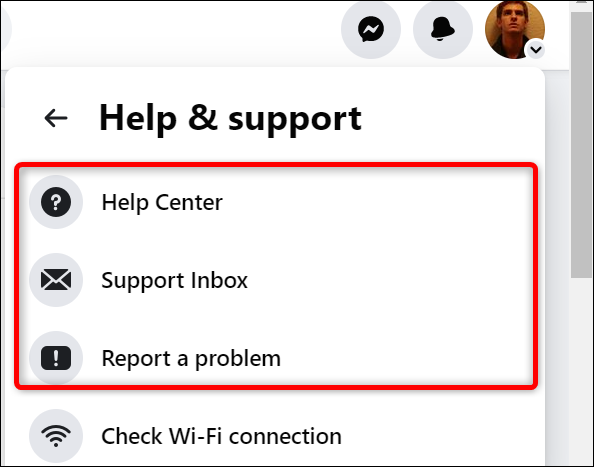 Sélectionnez une option dans le menu "Aide et support".