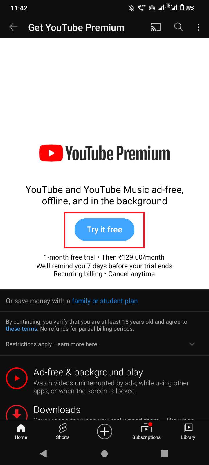 點擊免費試用。如何免費獲得 YouTube Music Premium