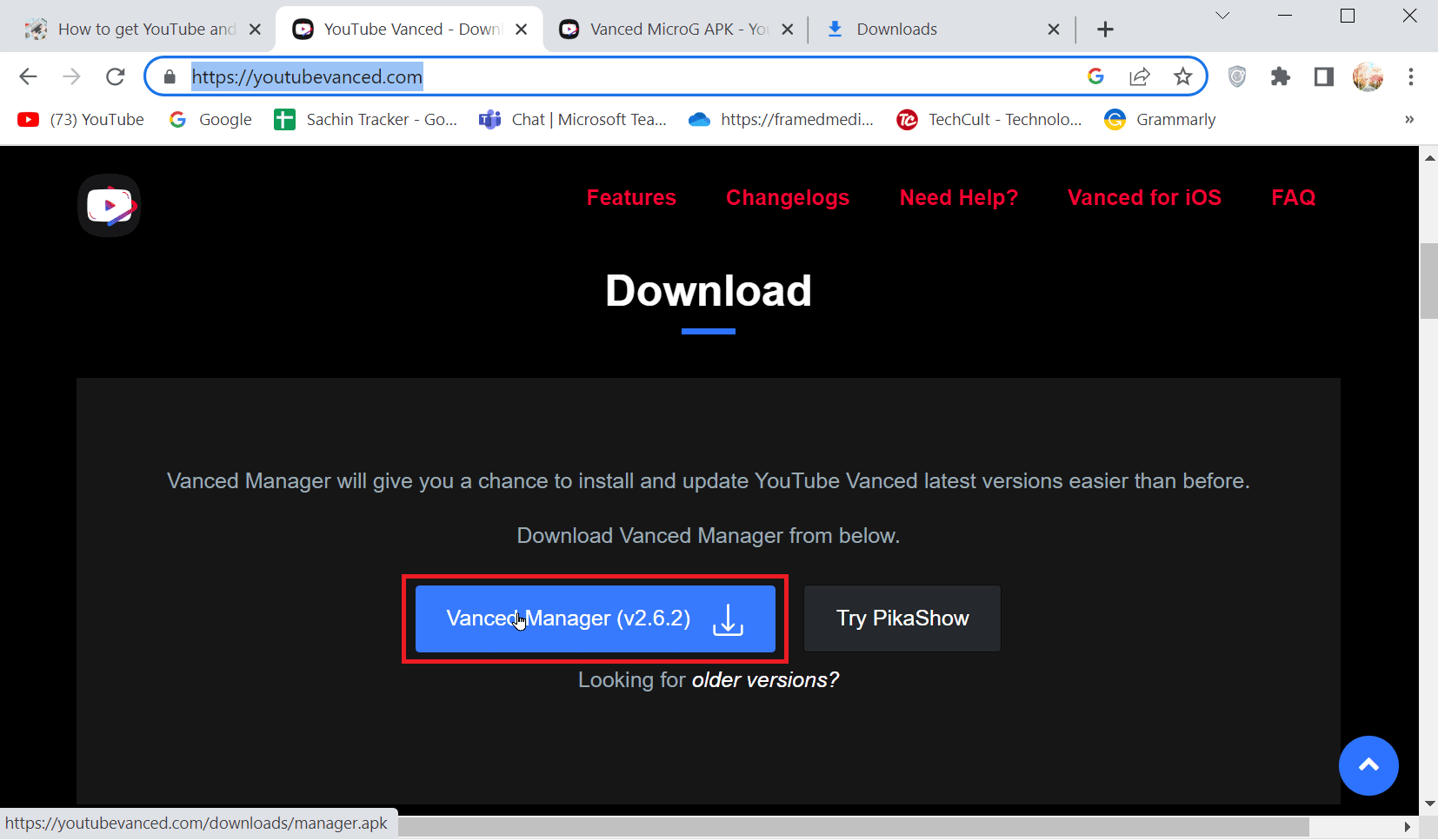 fare clic sul pulsante di download del manager Vanced. Come ottenere YouTube Music Premium gratuitamente