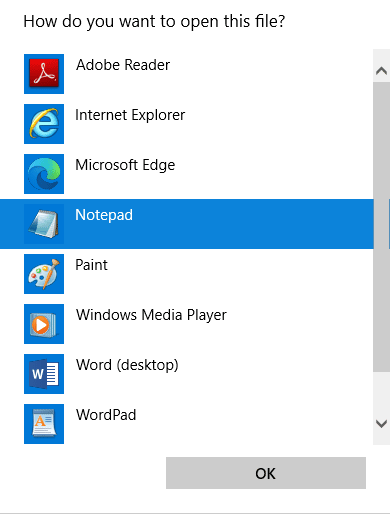 pilih opsi Notepad dari daftar dan klik OK