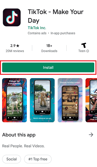 sélectionnez l'application TikTok et appuyez sur l'option Installer