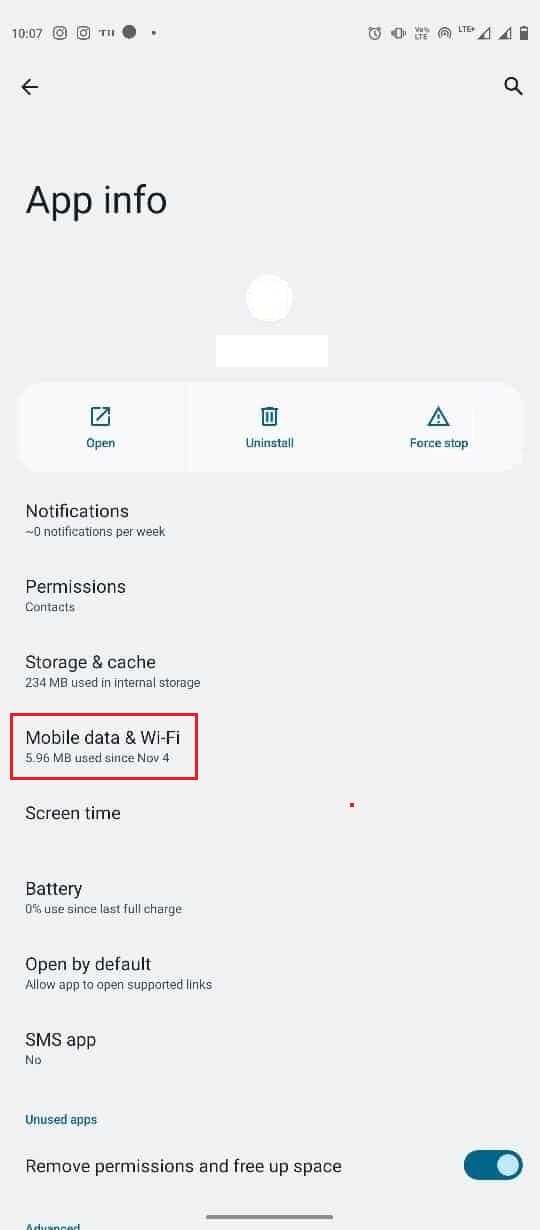 appuyez sur Données mobiles et Wi-Fi dans les informations sur l'application