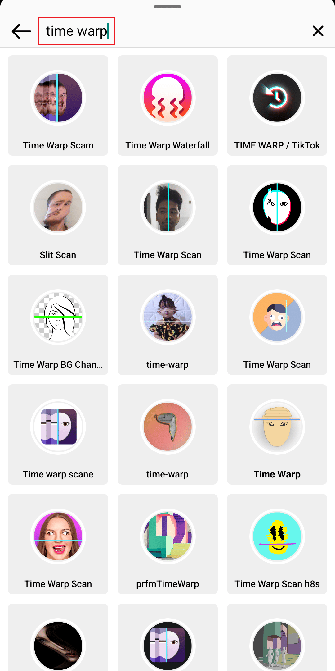 Tippen Sie auf das Suchsymbol und geben Sie Time Warp auf Instagram ein