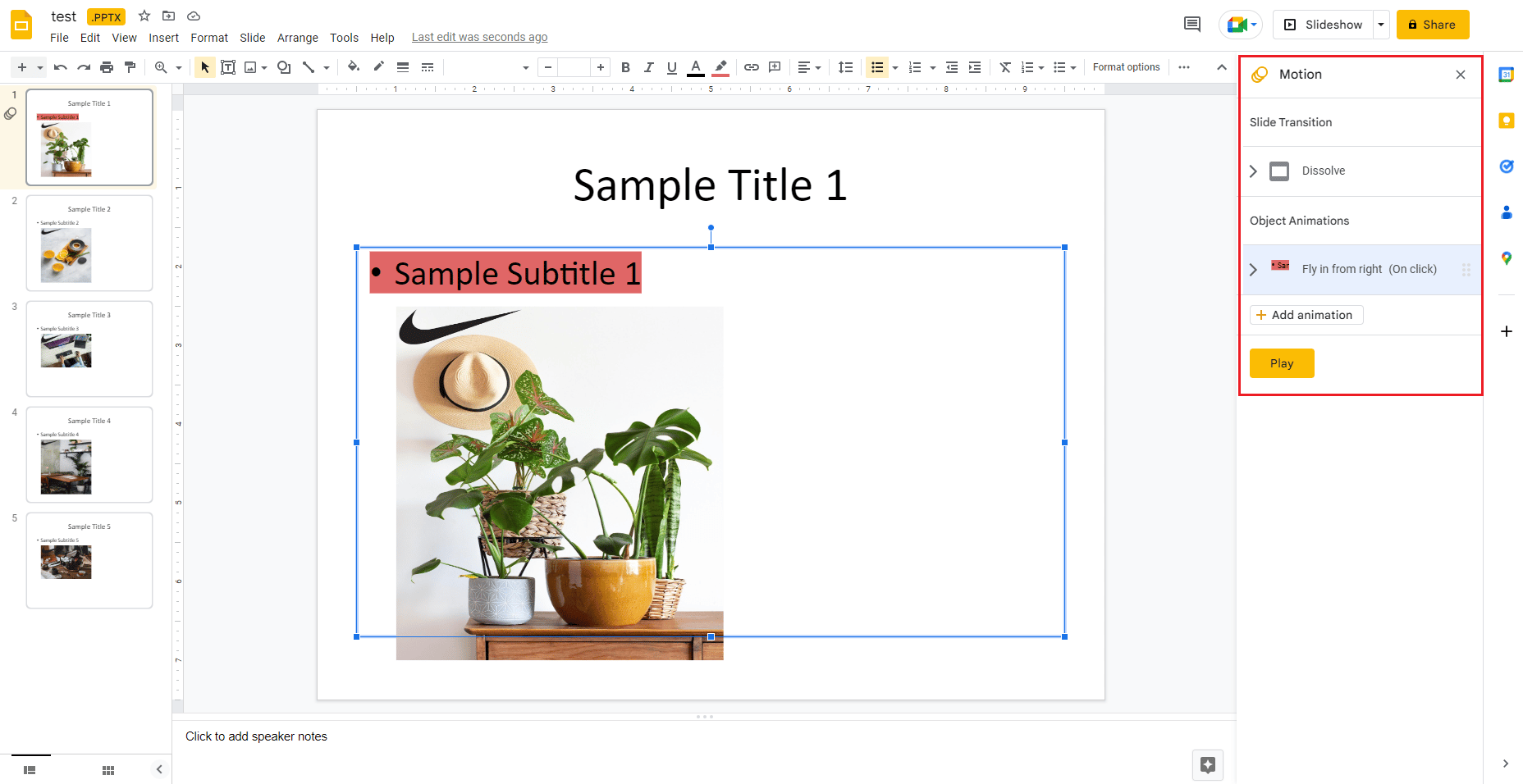 Meniul de animație în Google Slides