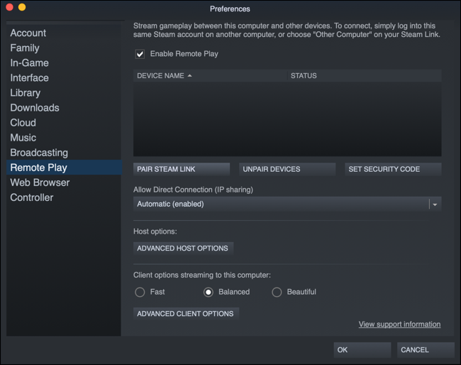 Настройки сопряжения Steam Link