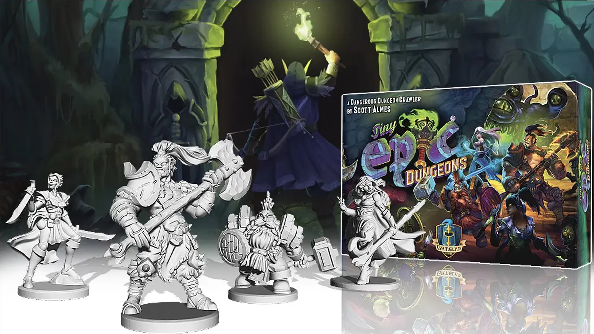 Figuras de fantasia e arte da capa do jogo Tiny Epic Dungeon.