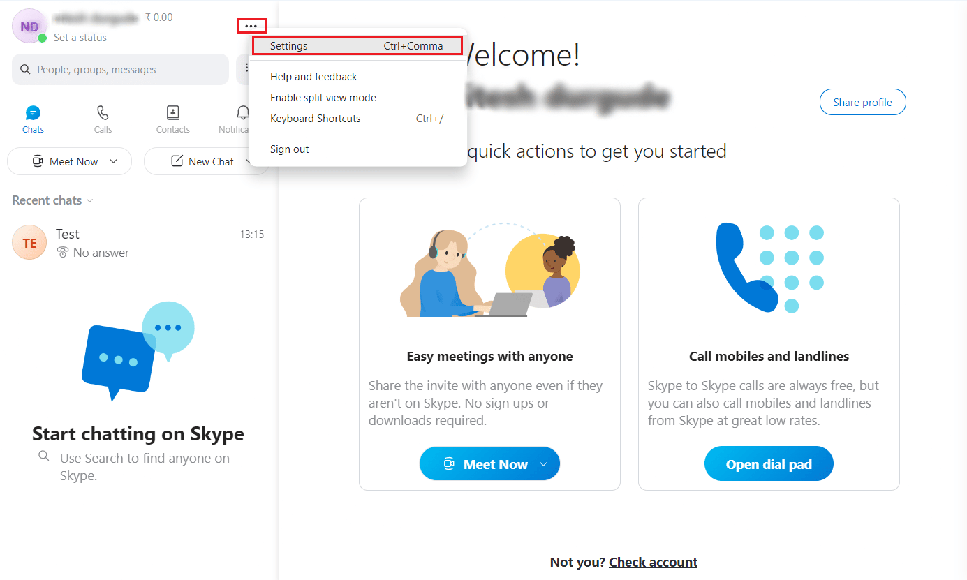 Klicken Sie auf das Symbol mit den drei Punkten – Option „Einstellungen“ in der oberen linken Ecke | Skype-Bildschirmansichtsoptionen