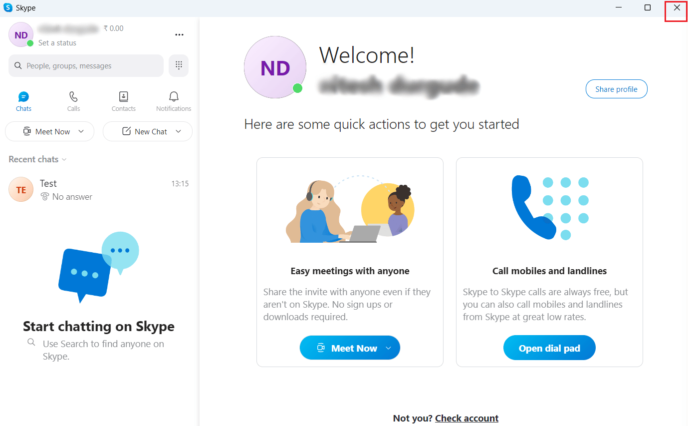 kliknij ikonę X w prawym górnym rogu okna Skype