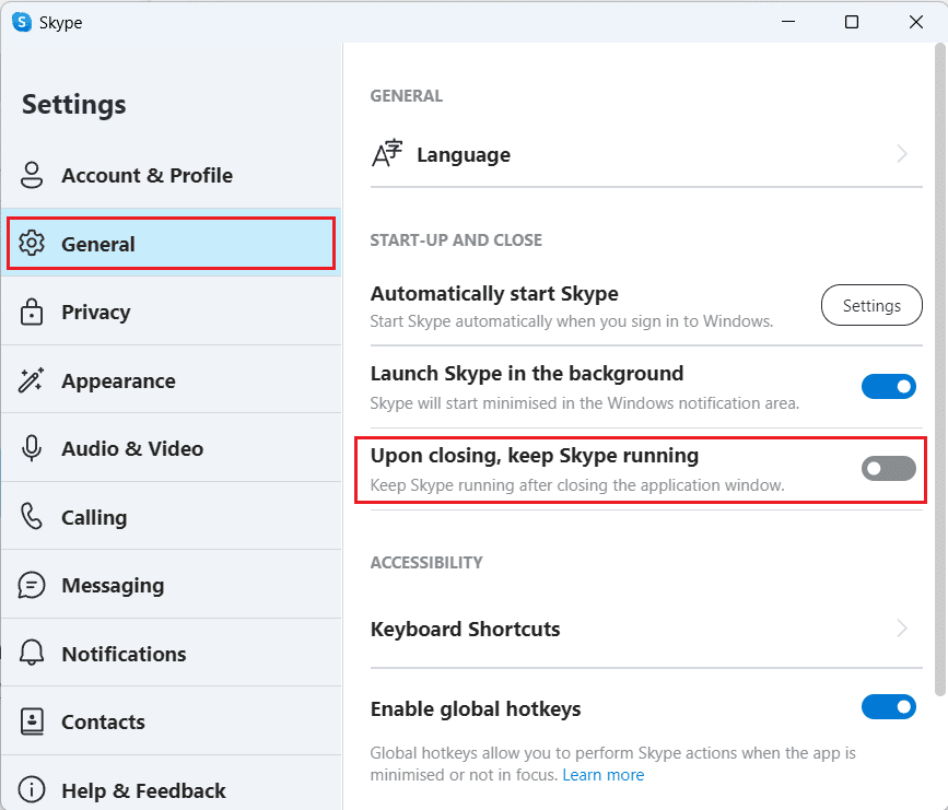 Scheda Generale: attiva l'interruttore per l'opzione Alla chiusura, mantieni Skype in esecuzione