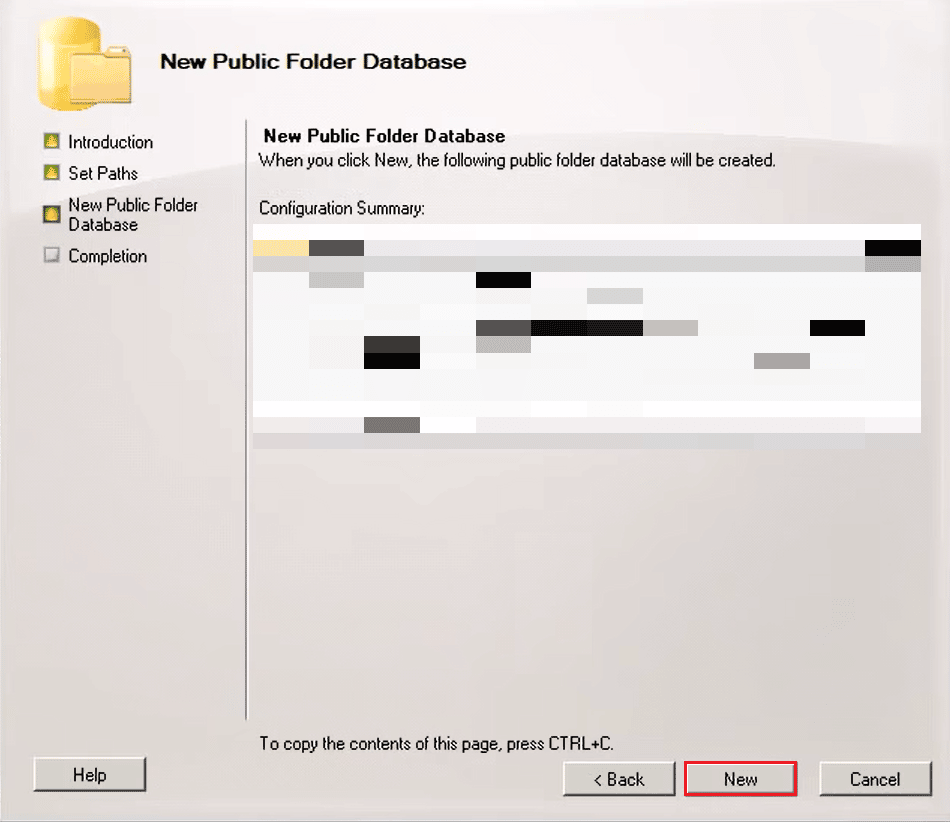 คลิกที่ใหม่ในหน้าต่างฐานข้อมูลโฟลเดอร์สาธารณะใหม่