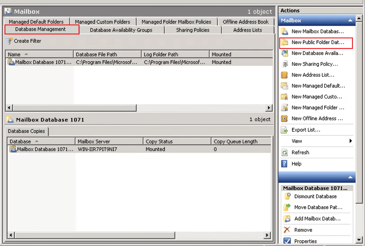 faceți clic pe noua bază de date de foldere publice în nodul Cutie poștală de gestionare a bazei de date din consola de gestionare Exchange