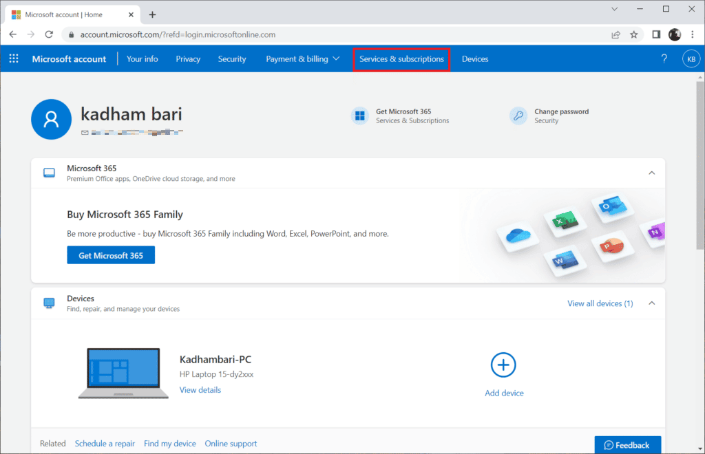 selezionare servizi e abbonamenti in Account Microsoft