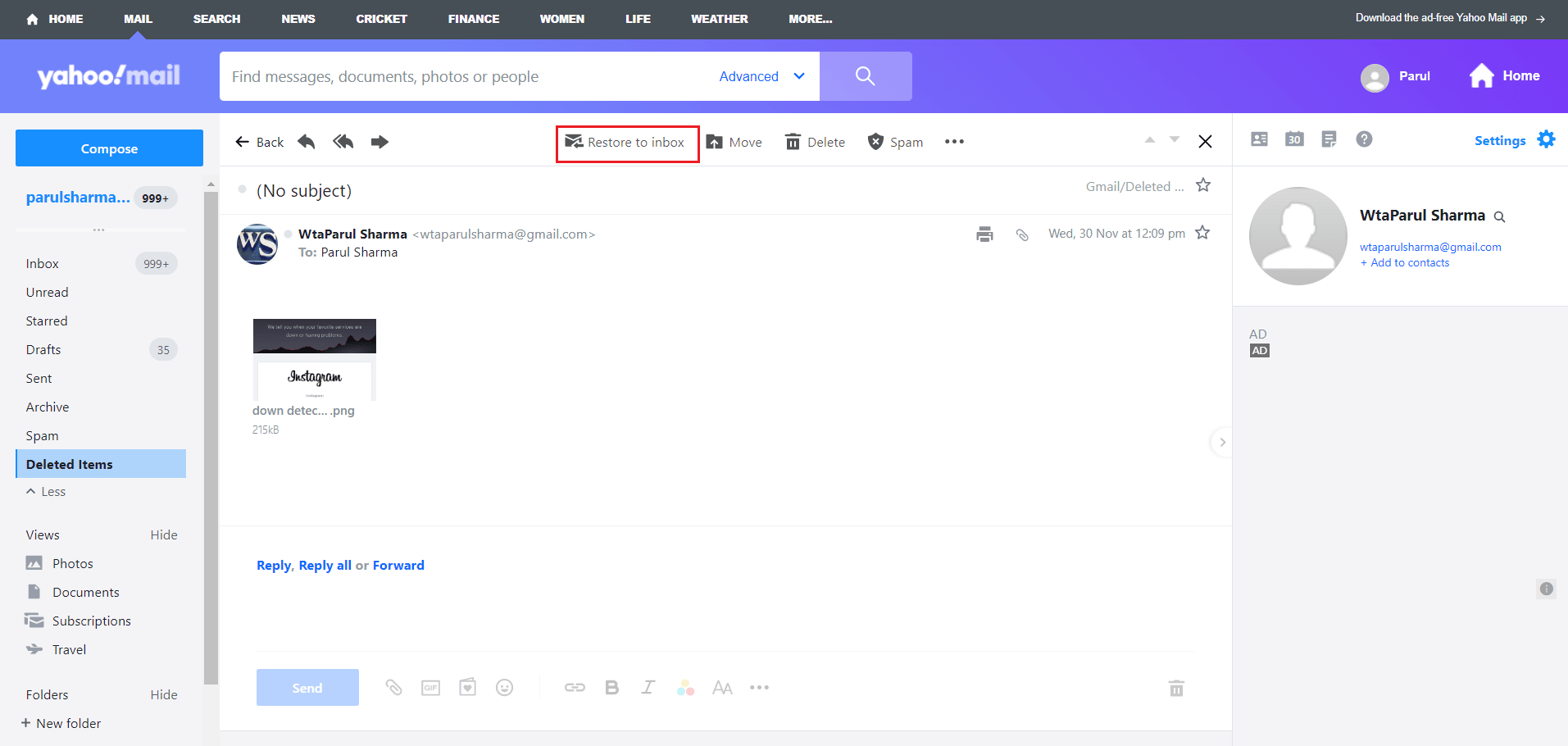 cliquez sur restaurer dans la boîte de réception sur Yahoo Mail | Comment ouvrir Yahoo Mail Photos