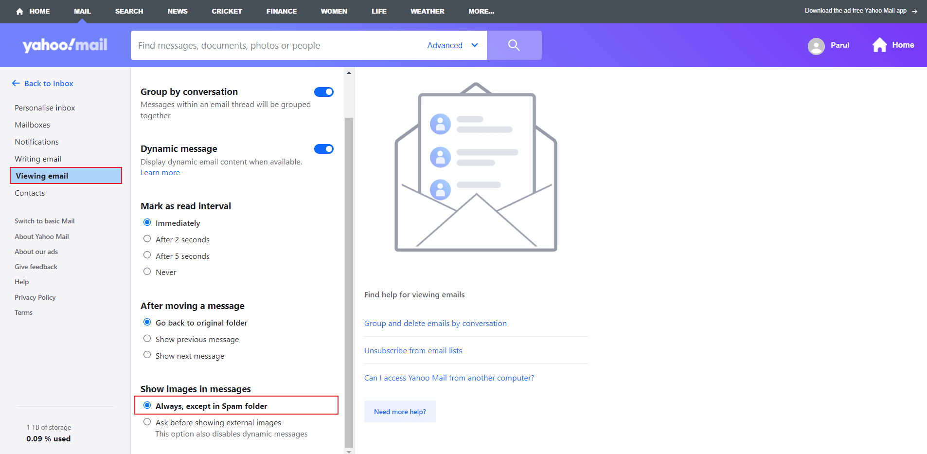 alege întotdeauna, cu excepția dosarului de spam