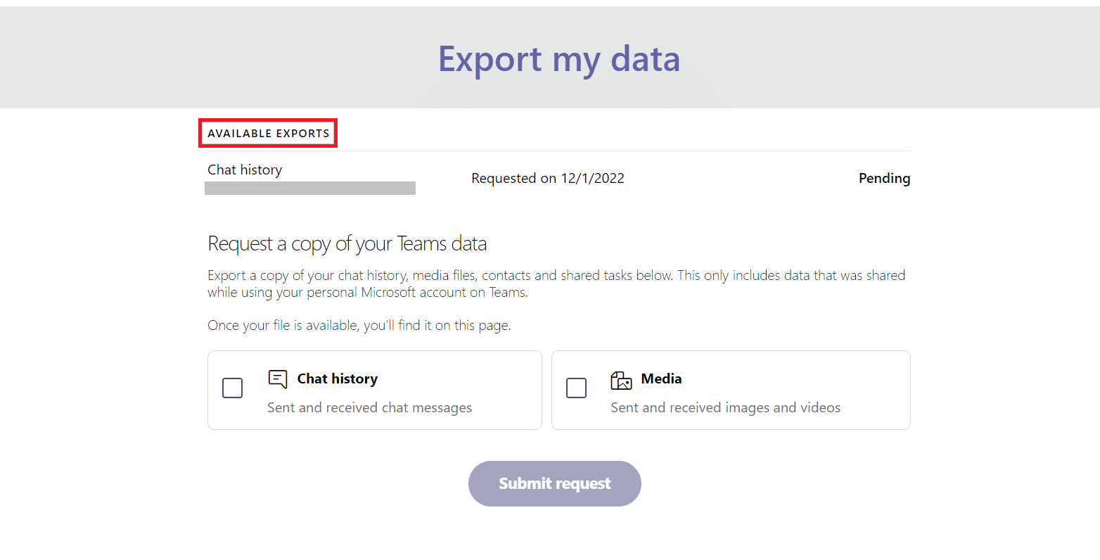 sous Exportations disponibles, vérifiez l'état de votre page d'exportation. Comment exporter une conversation MS Teams