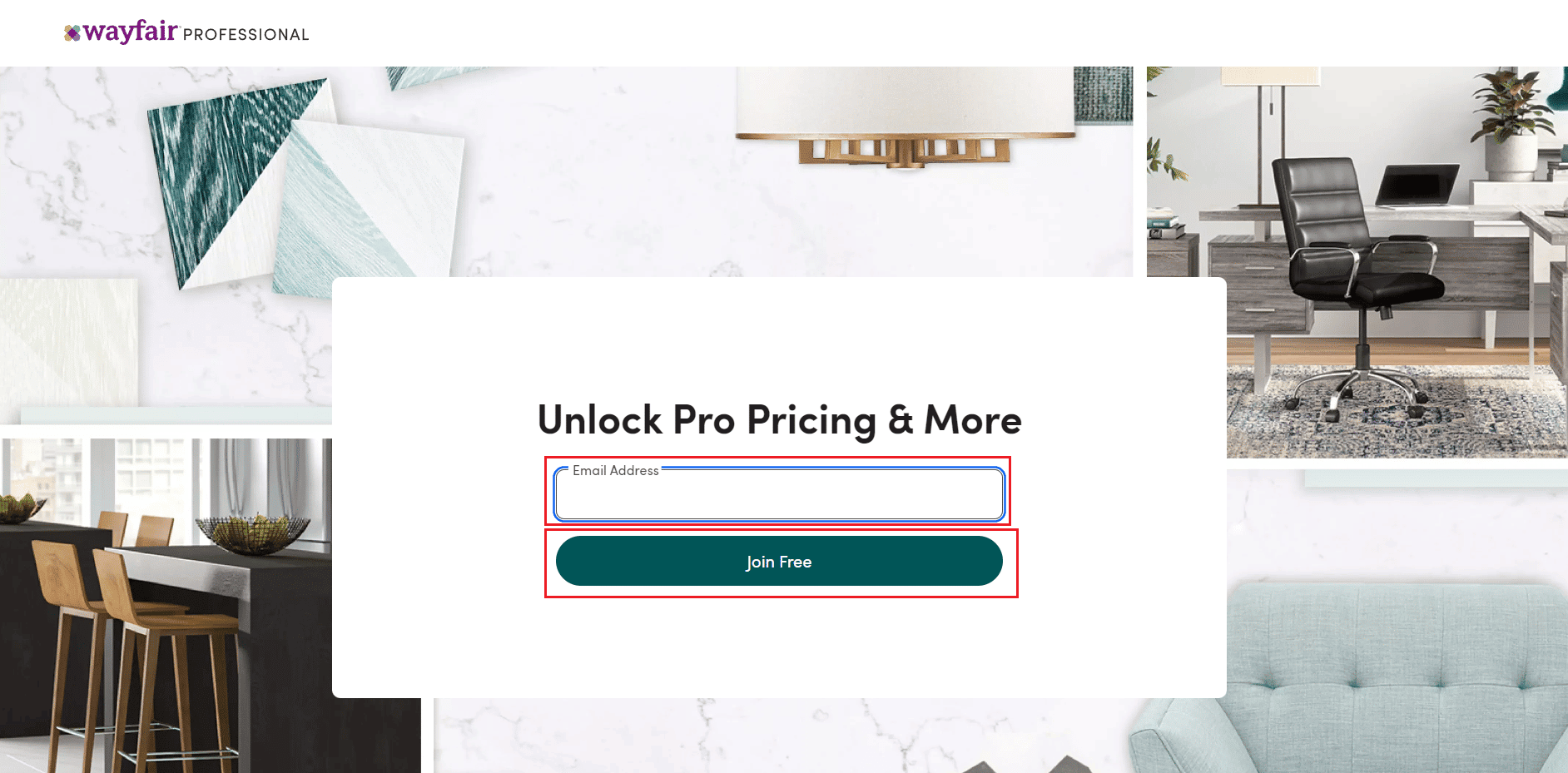 قم بزيارة موقع Wayfair Professional على الويب وأدخل عنوان بريدك الإلكتروني وانقر على Join Free