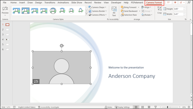 Cameo di slide dengan tab Format Kamera terbuka