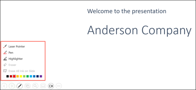 ปากกา ปากกาเน้นข้อความ และเลเซอร์พอยเตอร์ในมุมมองสไลด์โชว์