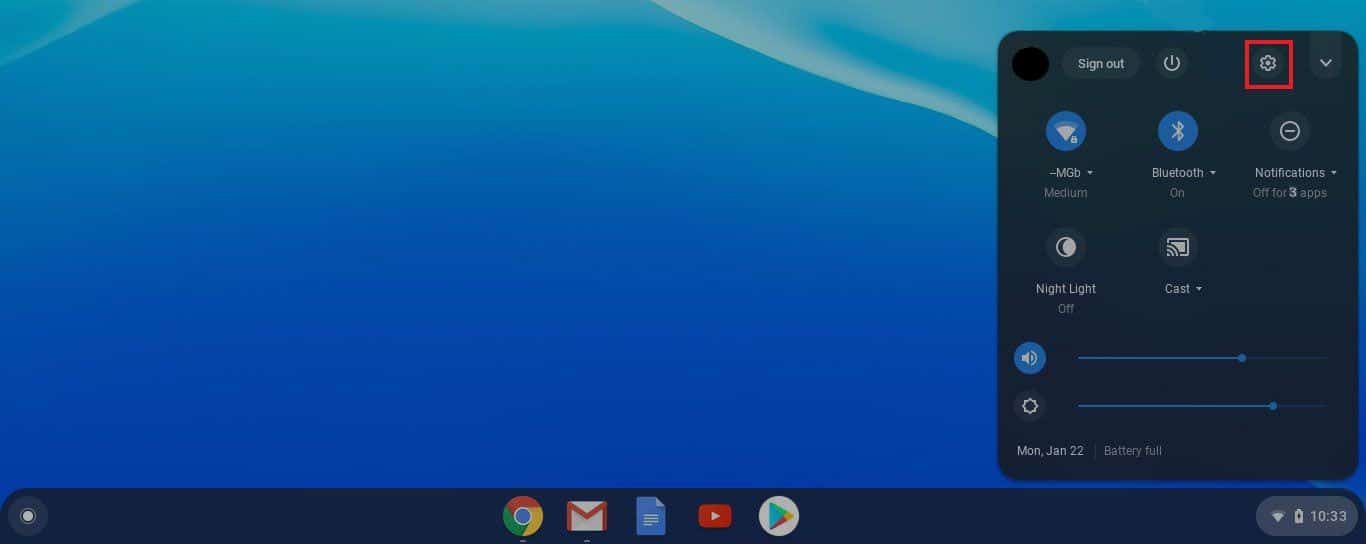 Buka Pengaturan di Chromebook dengan mengeklik widget Waktu