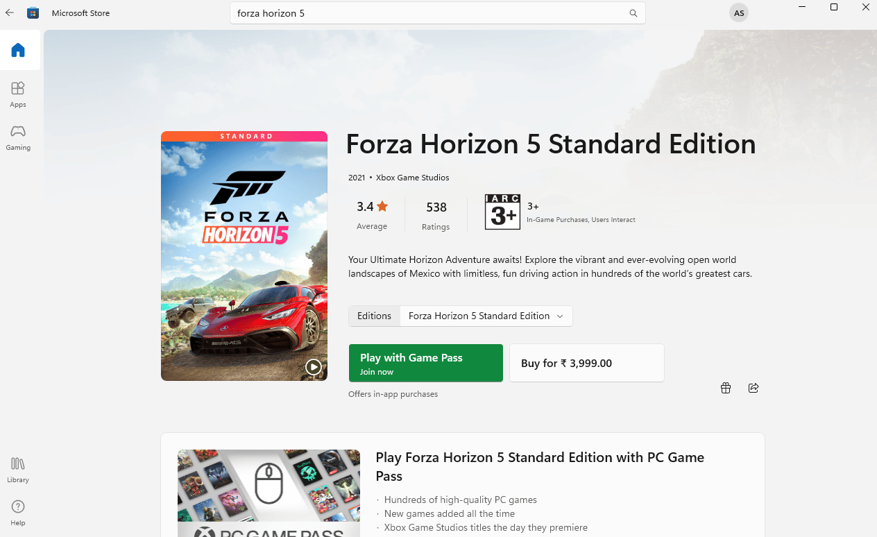 Стандартная версия Forza Horizon 5 в магазине Microsoft