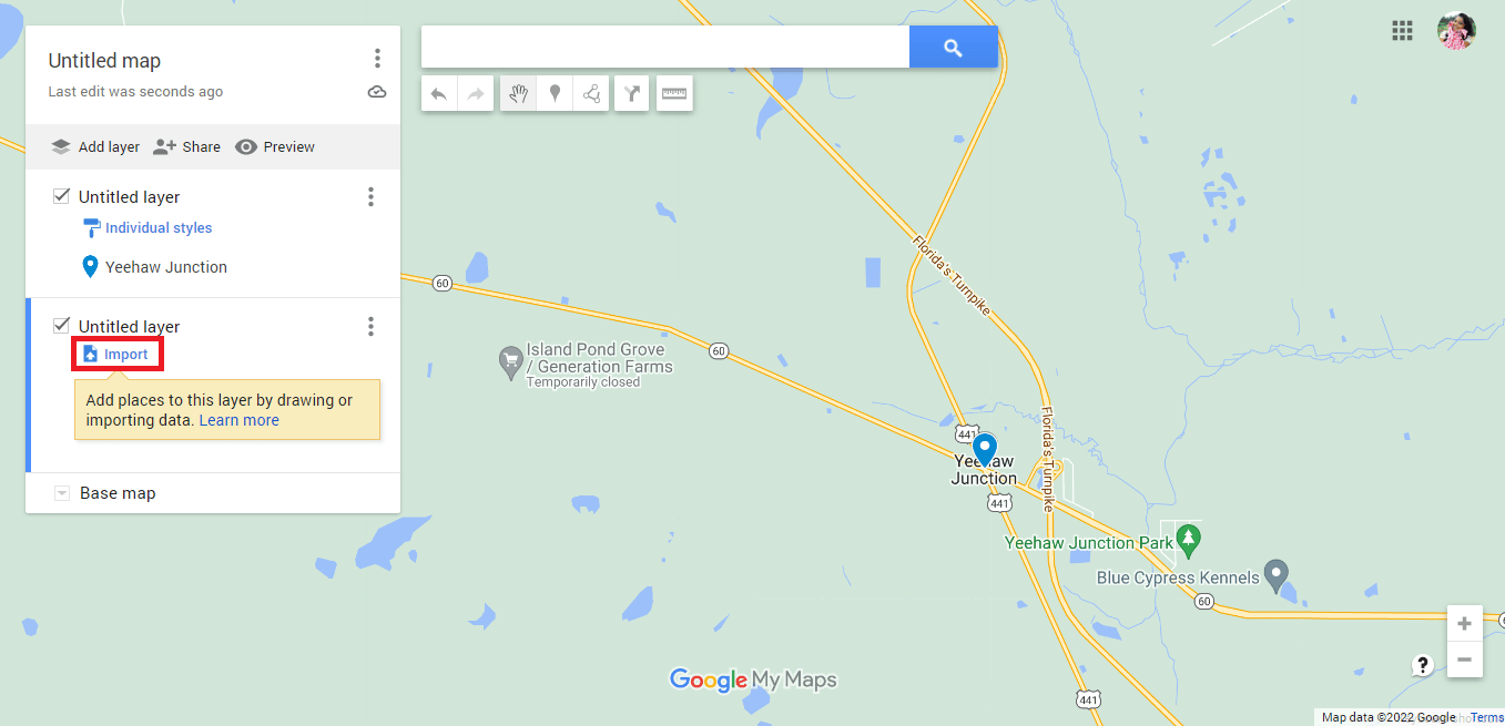 Haga clic en la opción Importar. Cómo dibujar el radio en la aplicación Google Maps