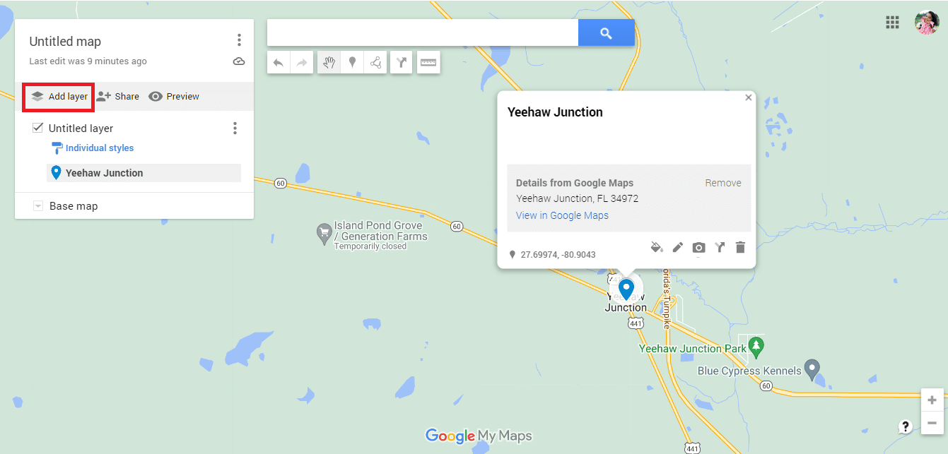 Kembali ke Google Map baru tanpa judul dan klik Add layer