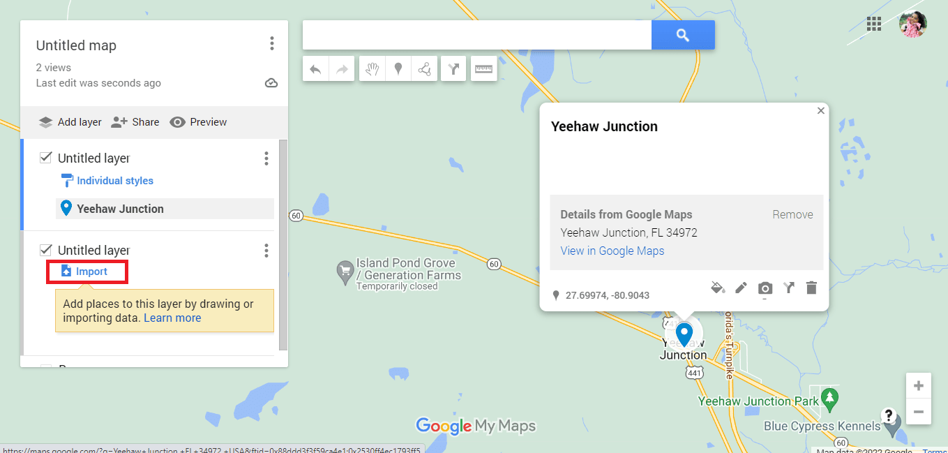 Klicken Sie auf die Importoption. So zeichnen Sie einen Radius in der Google Maps App