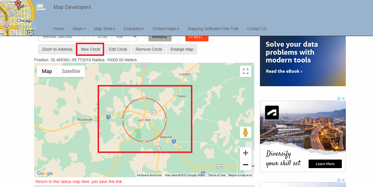 Fare clic sull'opzione New Circle per aggiungere il raggio nella mappa