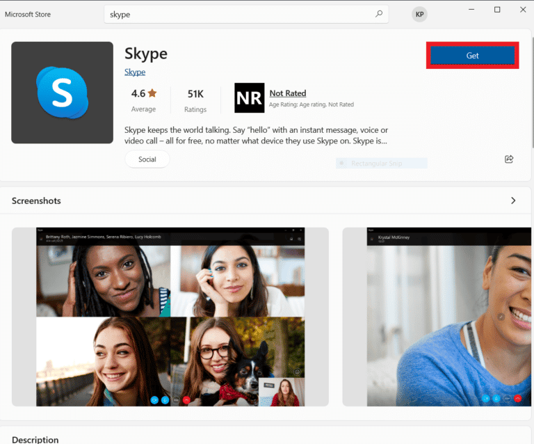 Recherchez Skype et cliquez sur Obtenir