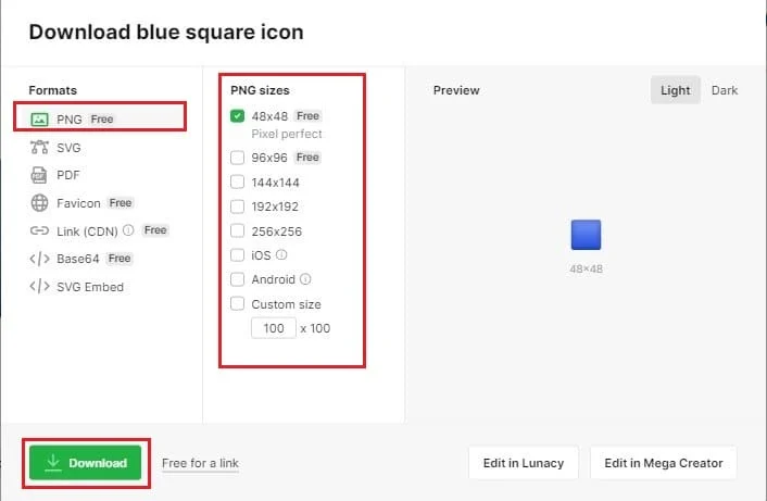 selezionare le dimensioni PNG appropriate e fare clic su Download